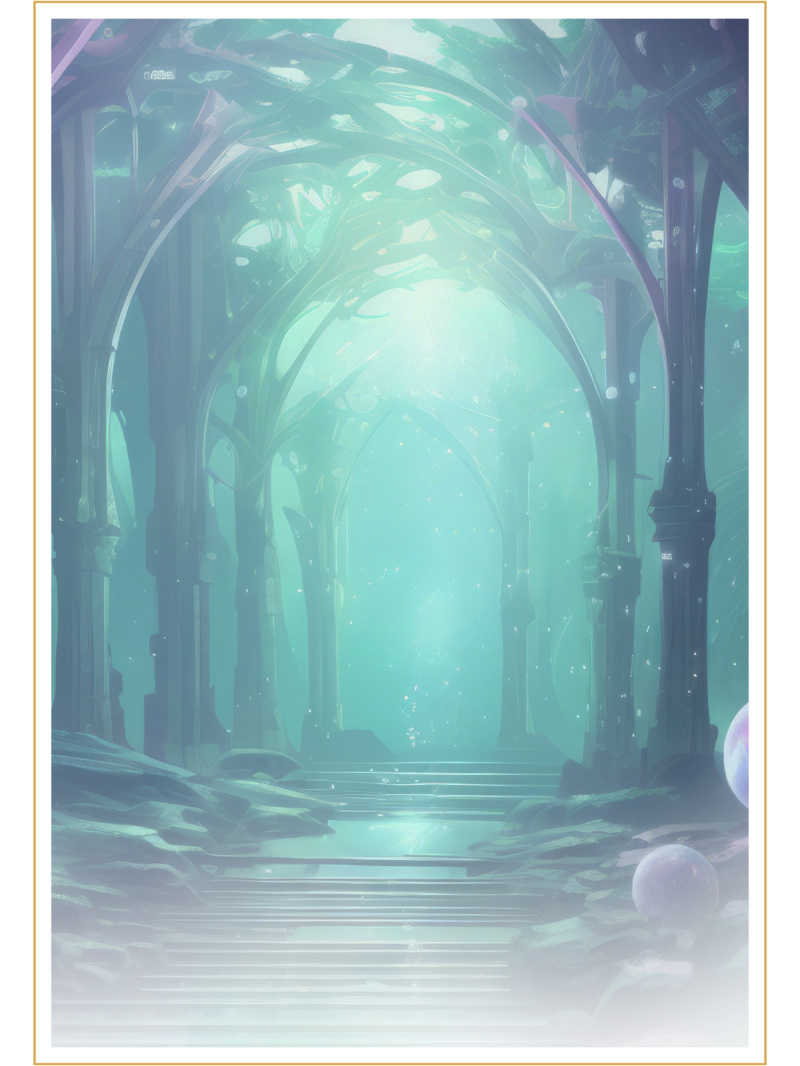 AI image - bright purple arches with a stairway leading to a bright green light 