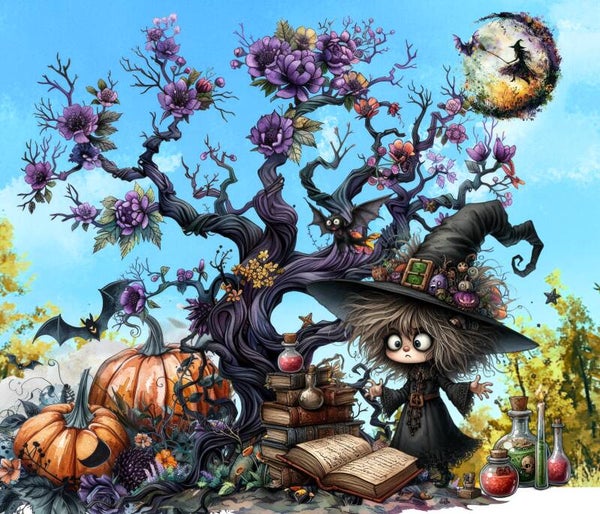 GRAND NAPPERON MAGNIFIQUE : HALLOWEEN LA PETITE SORCIERE SOUS LE CIEL BLEU