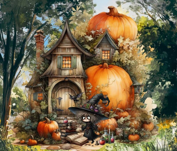 GRAND NAPPERON MAGNIFIQUE : GENTILLE SORCIERE TRANSFORME LES CITROUILLES EN MAISON