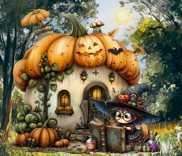 GRAND NAPPERON MAGNIFIQUE : PETITE SORCIÈRE DEVANT SA MAISON-CITROUILLE HALLOWEEN