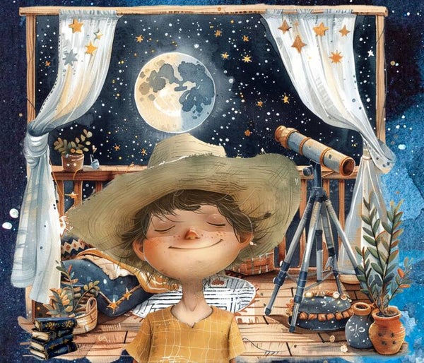 GRAND NAPPERON MONDE SCOLAIRE : JEUNE SAVANT FIER OBSERVANT LES ETOILES