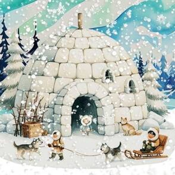 GRAND NAPPERON MAGNIFIQUE IGLOO FAMILLE EN TRAINEAU
