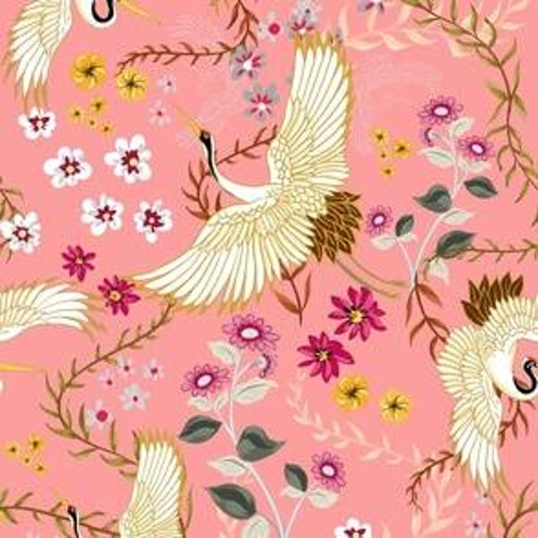 NAPPE DE DESIGNER POUR 2: GRUES CHINOISES SUR FOND ROSE