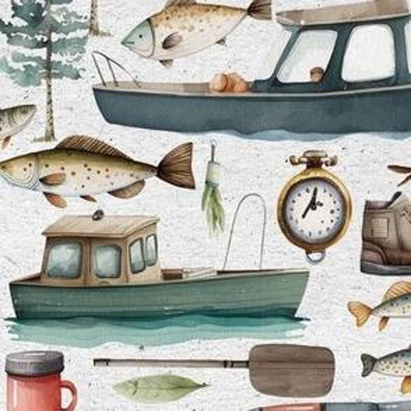 SUPERBE GRAND NAPPERON : PECHE A LA LIGNE, VACANCES AU LAC