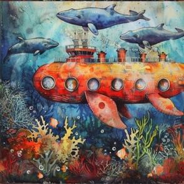 GRAND NAPPERON MAGNIFIQUE : SOUS-MARIN ROUGE ET BALEINES