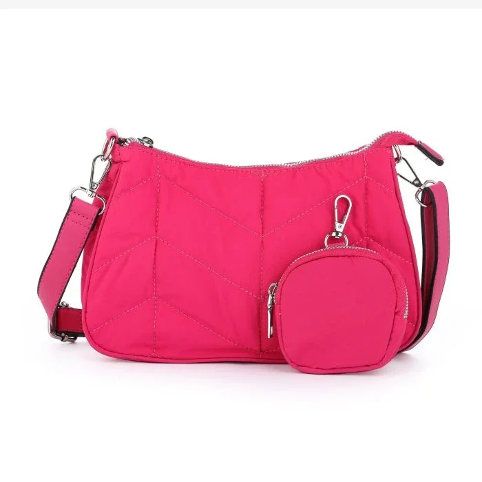Nylon schoudertas met mini etui fushia