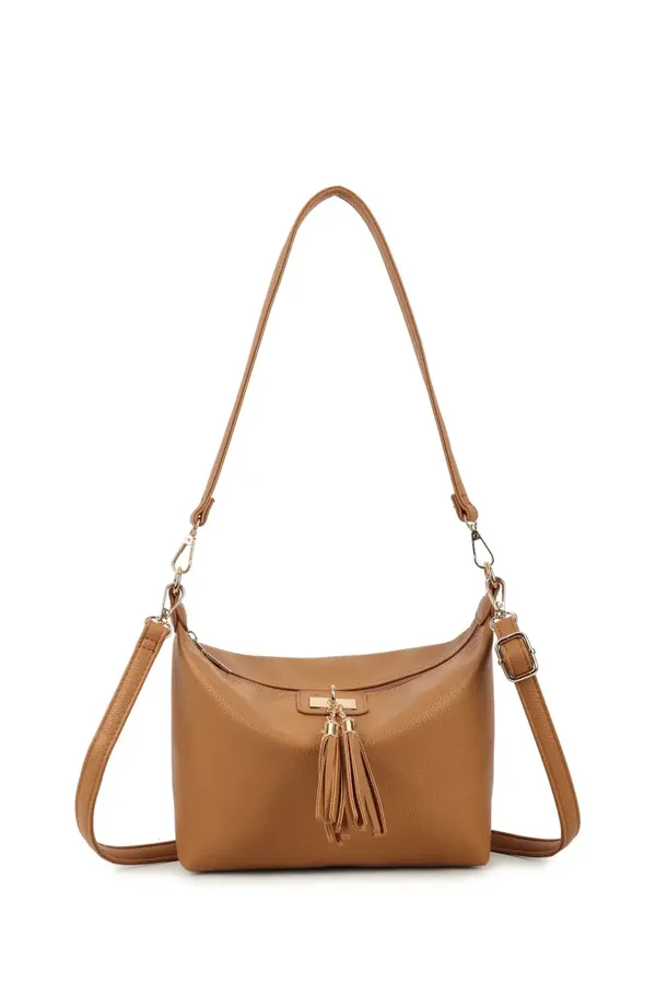 schoudertas met kwastdetail cognac