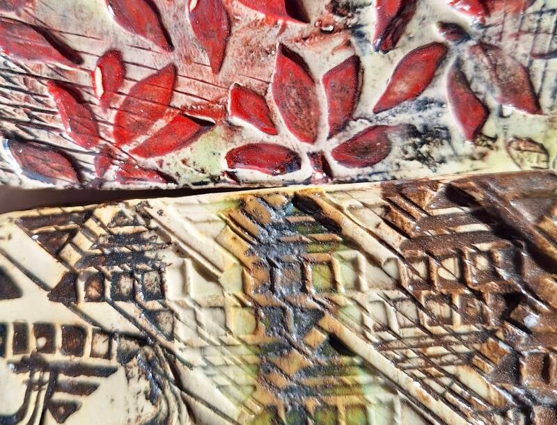 home made stamps and underglazes 