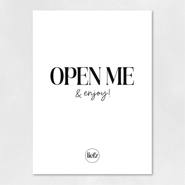Flesetiket 'Open me & enjoy!'