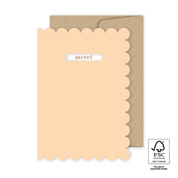 Kaart A6 dubbel 'Merci' peach met envelop