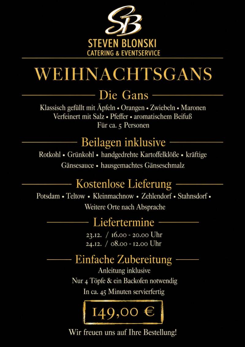 Gänsebraten, Weihnachtsbraten, Gänsebestellung, Teltow, Kleinmachnow, Stahnsdorf, Potsdam, Weihnachtsgans, Gänsekeule, Gänsebrust, Gänselieferung, Gänsebestellung