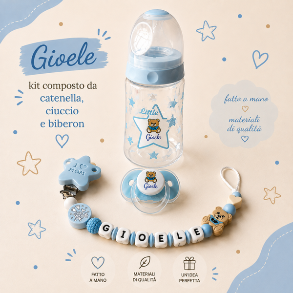 Kit Nascita Personalizzato – Modello Orsetto 🩵 | Catenella, Ciuccio e Biberon