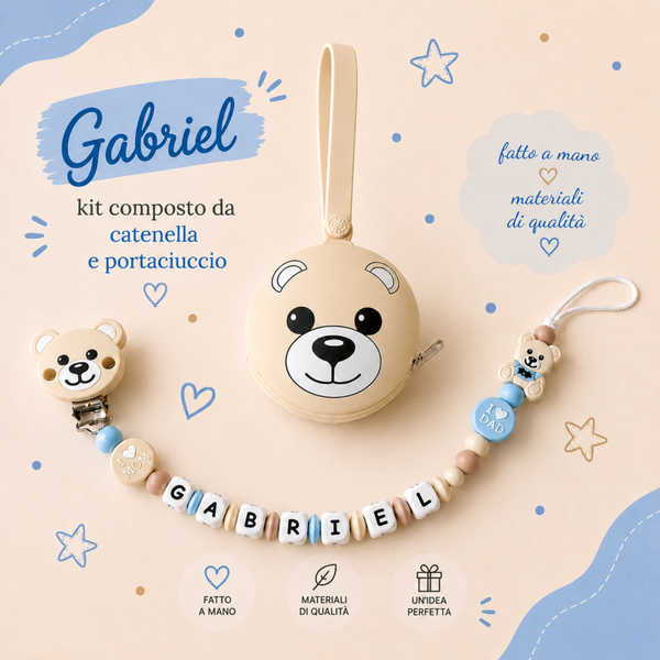 Kit Catenella + Portaciuccio Personalizzato – Modello Orsetto Beige 🧸