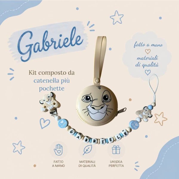 Kit Catenella + Pochette Personalizzata – Modello Leone Beige chiaro Azzurro 🦁🩵