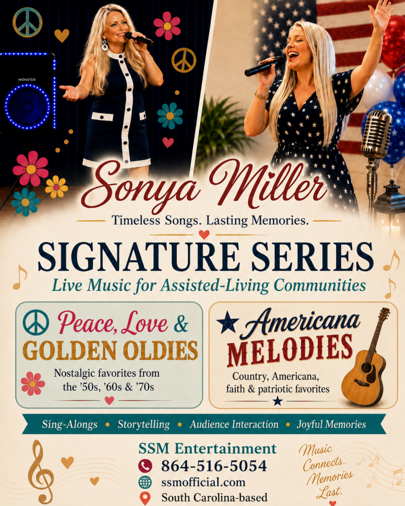 SSM Entertainment Signature Series featuring Peace, Love & Golden Oldies and Americana Melodies live music shows for assisted living communities in Upstate South Carolina.