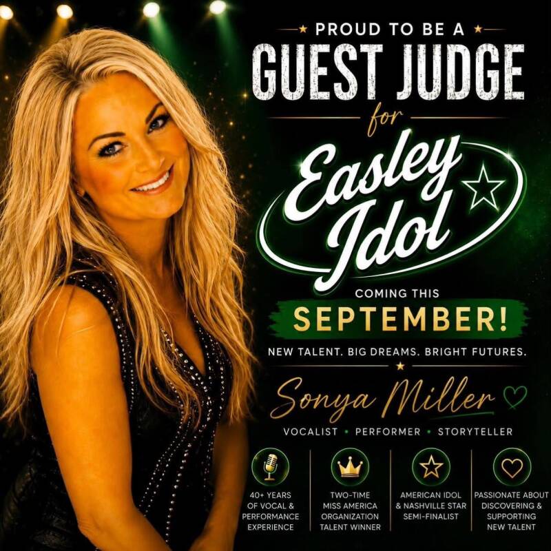 Sonya Miller announced as a guest judge for Easley Idol in September 2026, bringing more than 40 years of vocal and performance experience to the Upstate South Carolina talent competition. 🎤⭐