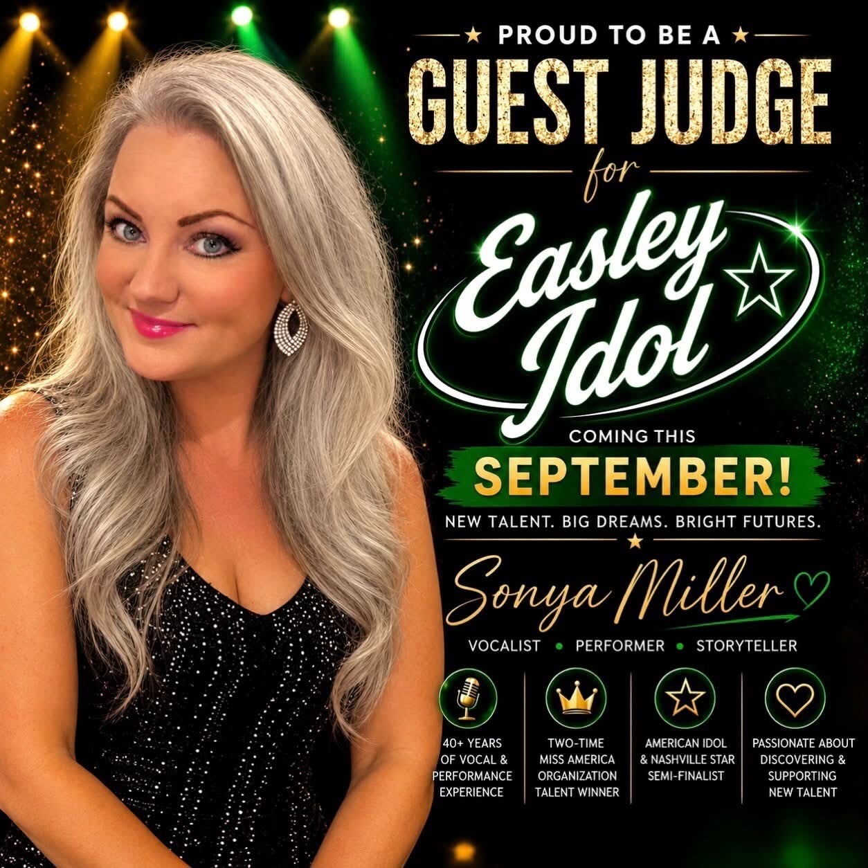 Sonya Miller announced as a guest judge for Easley Idol in September 2026, bringing more than 40 years of vocal and performance experience to the Upstate South Carolina talent competition. 🎤⭐