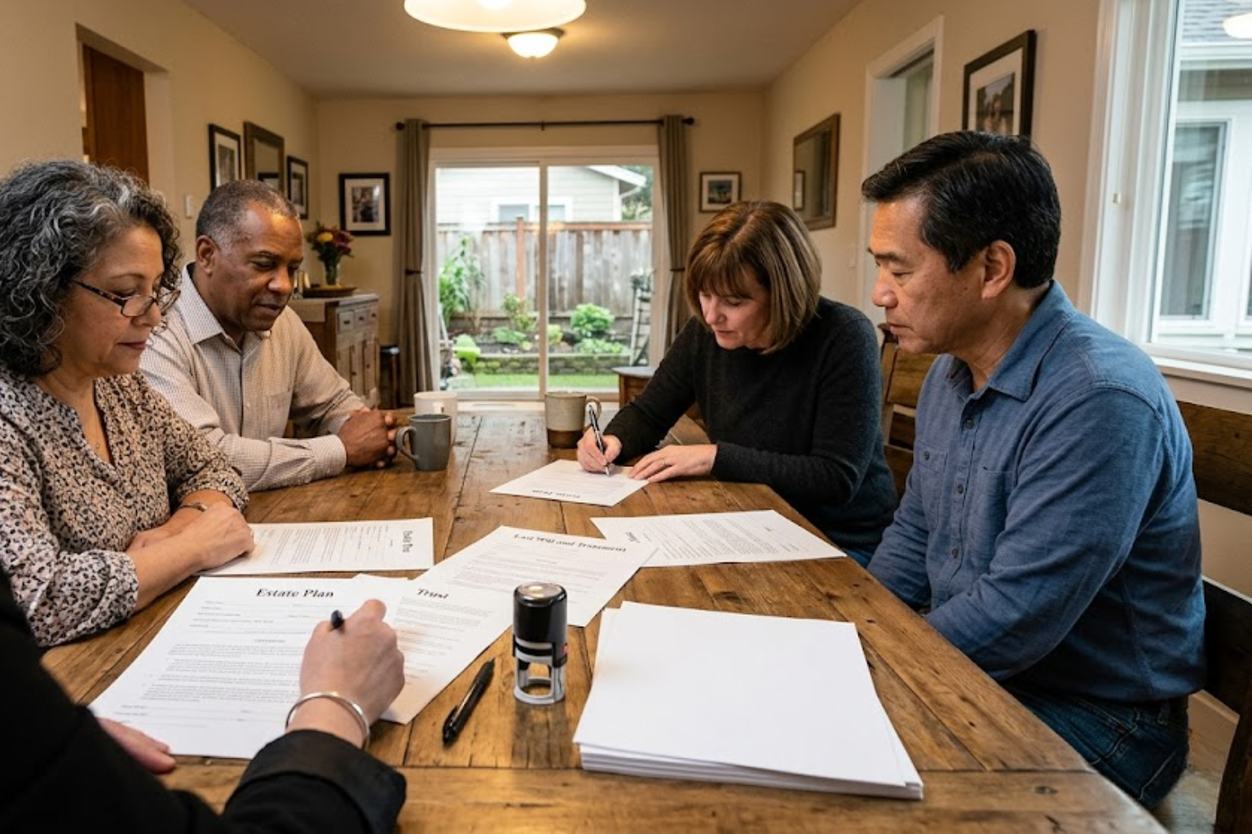 Family completing estate planning documents with a mobile notary in Clarksville Tennessee
