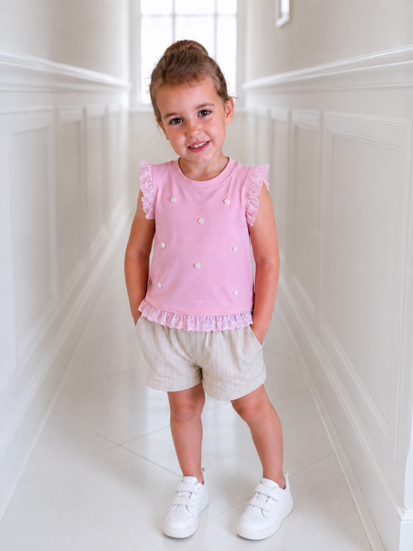 Trendy meisjes top met ruches en pareldetails | 4-14 jaar 🤍