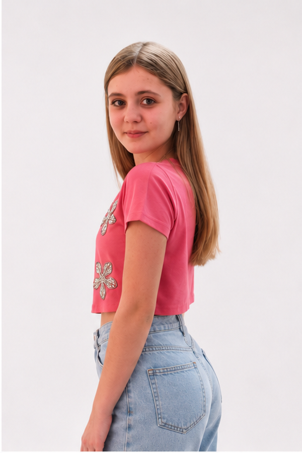 Roze crop top met strass bloemen | meisjes 4-14 jaar 🤍