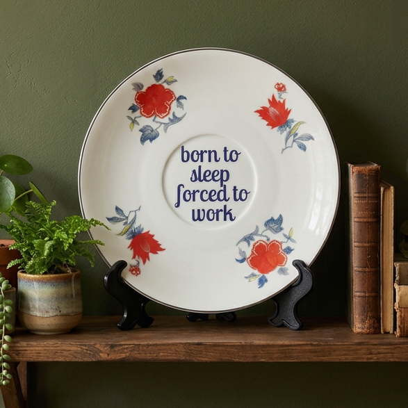 Vintage en handgemaakte wandbordje met leuke uitspraken en quotes. Op de foto een wandbordje met de tekst:  born to sleep, forced to work