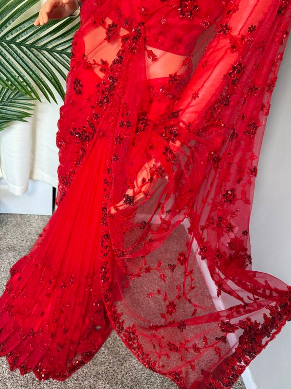 Luxury Red Net saree