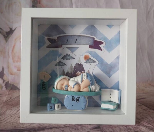 Cadre naissance bébé fimo garçon bleu/vert