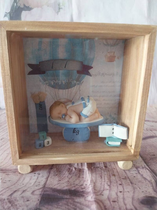 Cadre naissance bébé fimo garçon bleu blanc