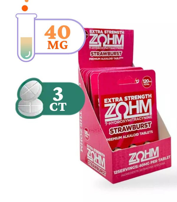 ZOHM 3 Extra Strength 7OH Kratom Extract Tablets Strawburst 120mg - 3ct (40mg/tab)
