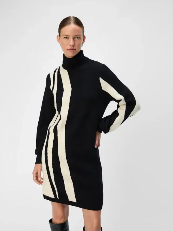 Object Ray LS Rollneck Dress 2 Zwart/Offwhite