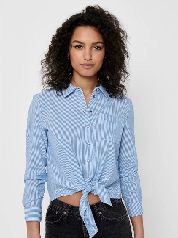 ONLY Lecey LS Knot Shirt 31 Blauw/Offwhite SALE