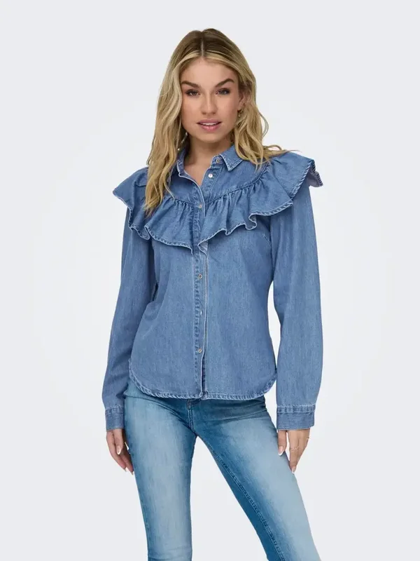 ONLY Indigo LS Frill DNM Shirt 38 Medium Blue Denim SALE