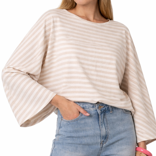 Batsleeve stripe T. Beige-off white