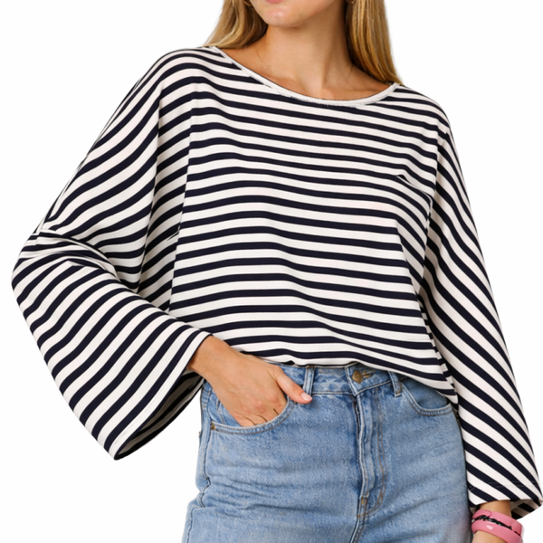 Batsleeve stripe T.  navy-off white