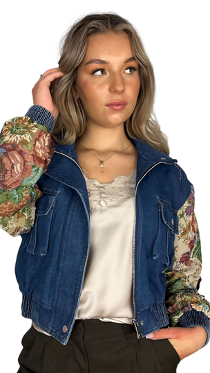 Flower denim bomber
