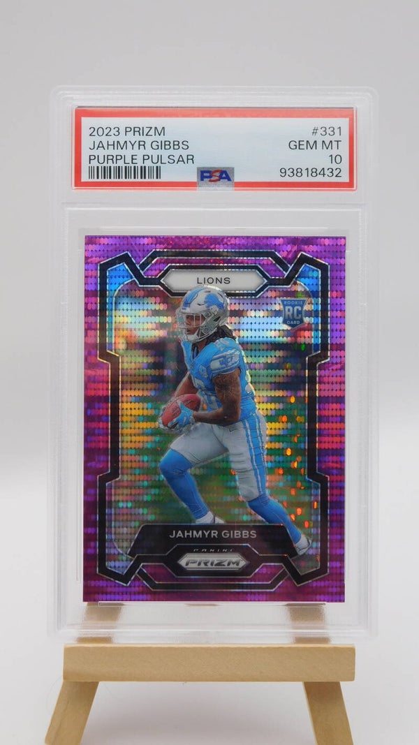Jahmyr Gibbs RC PSA 10 Gem Mint 2023 Panini Prizm Purple Pulsar #331 Detroit Lions Football NFL