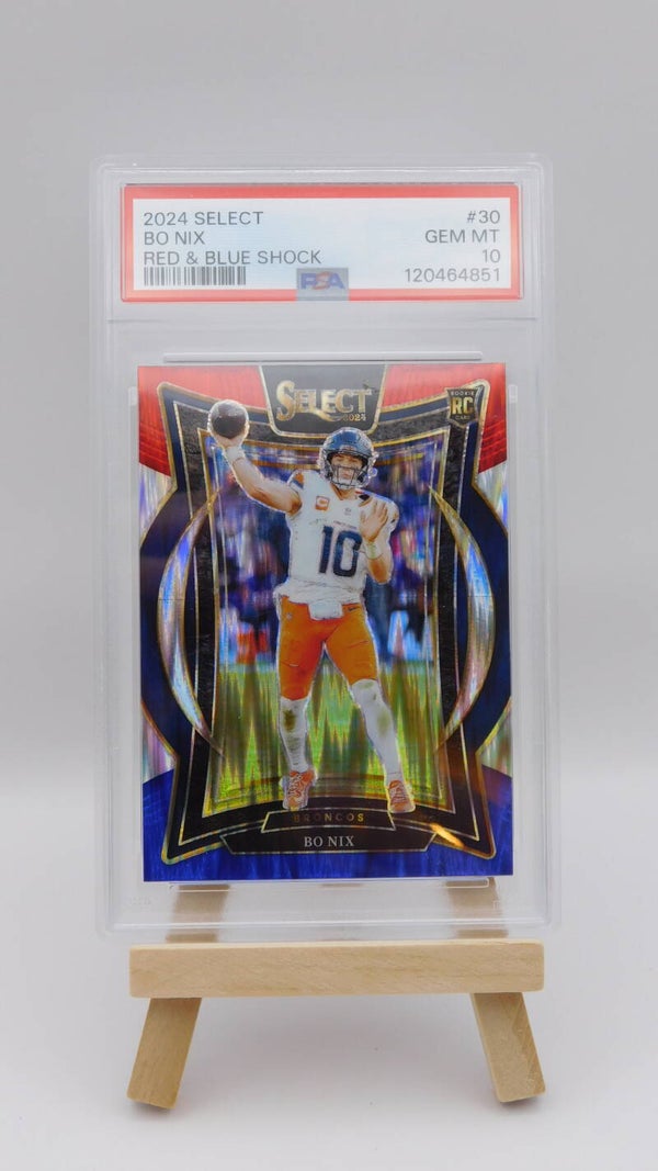 Bo Nix PSA 10 RC 2024 Panini Select Red & Blue Shock #30 Denver Broncos Football NFL