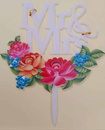 Topper Mr&Mrs wit met bloemen