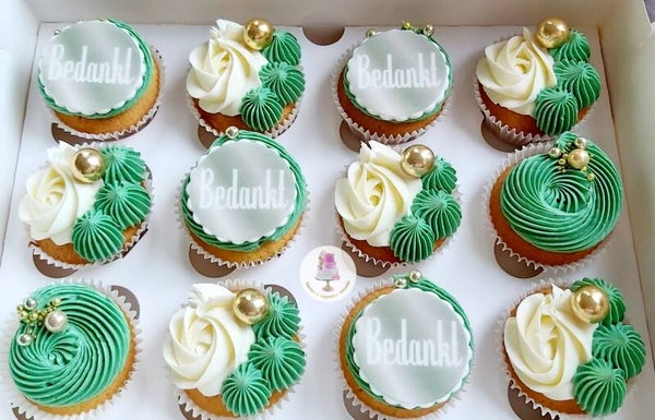 Cupcakes Bedankt groen/wit met goud