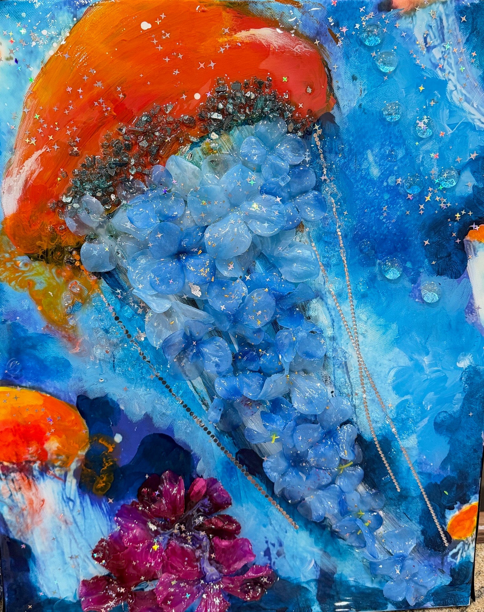 Jellyfish Orange with Blue flowers