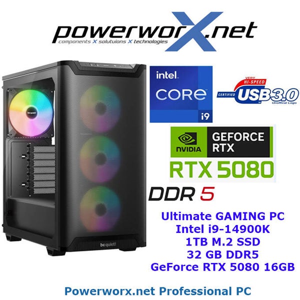 ULTRA High End Gamer PC i9-14900K 24x 3,0 Ghz nvidia GeForce RTX 5080 16GB GDDR7 32GB DDR5 1TB M.2 nvme SSD BeQuiet Tower LED