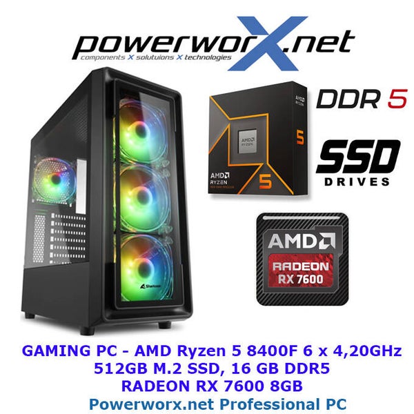 Powerworx RyzenFire - Gaming PC AMD Ryzen 5 8400F 6 x 4,20GHz 512GB M.2 SSD, 16 GB DDR5 RADEON RX 7600 8GB