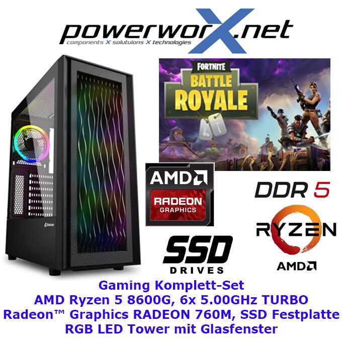 Gamer PC AMD Ryzen 5 8600G 6x 5,0 Ghz AMD RADEON 760M Grafik 16GB DDR5 1TB SSD RBG Tower