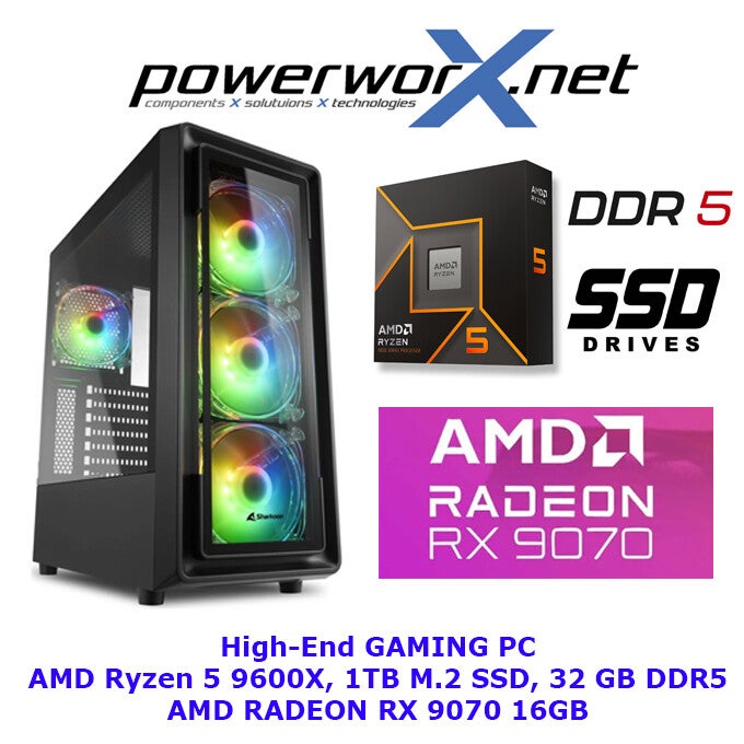 RyzenFire – Gaming PC AMD Ryzen 5 9600X, 32GB RAM, AMD Radeon RX 9070 XT, 1TB SSD