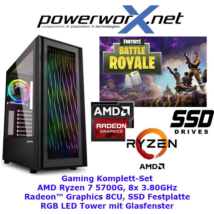 Gamer PC AMD Ryzen 7 5700G 8x 3,8 Ghz AMD 7CU Grafik 32GB DDR4 480GB SSD RBG Tower