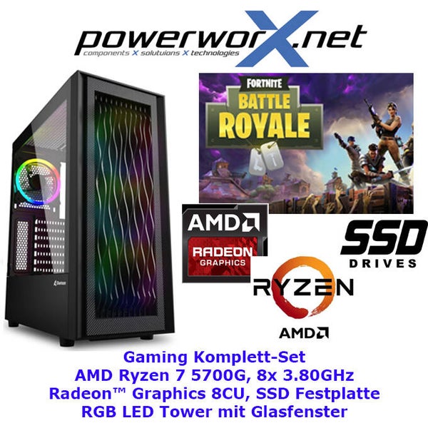 Gamer PC AMD Ryzen 7 5700G 8x 3,8 Ghz AMD 7CU Grafik 16GB DDR4 480GB SSD RBG Tower