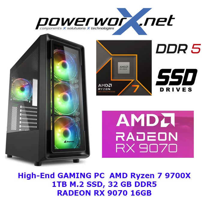 RyzenFire – Gaming PC AMD Ryzen 7 9700X, 32GB RAM, AMD Radeon RX 9070, 1TB SSD
