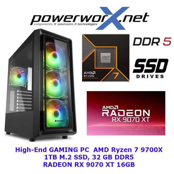 RyzenFire – Gaming PC AMD Ryzen 7 9700X, 32GB RAM, AMD Radeon RX 9070 XT, 1TB SSD
