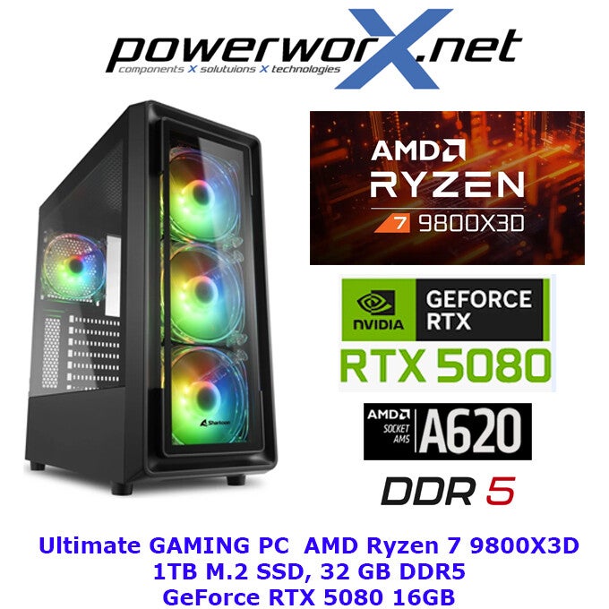 RyzenFire – ELITE Gaming PC AMD Ryzen 7 9800X3D, 32GB RAM, NVIDIA Geforce RTX 5080, 1TB SSD, A620 Chipset