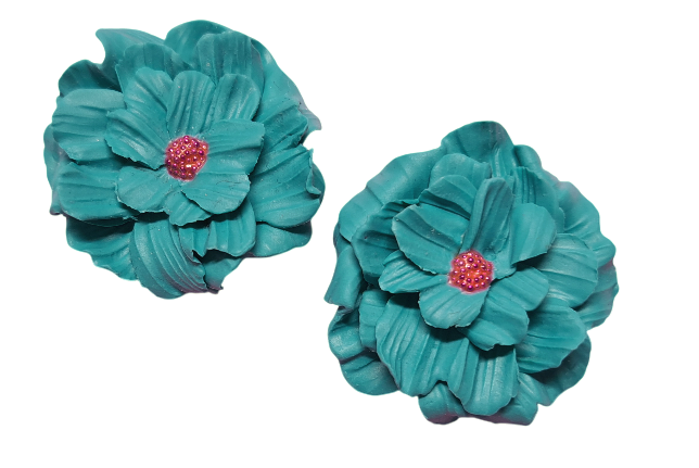 Geweldige bloem oorbellen petrol/fuchsia